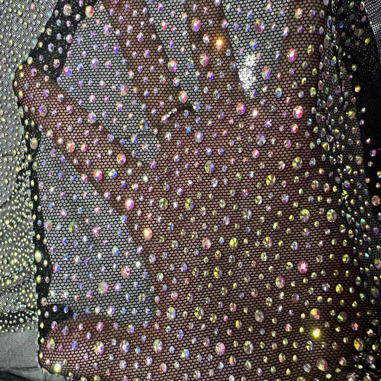 Custom Spark Elastic Crystal Mesh Fabric Rhinestone Mesh Diamante Strass Fabric for Lady Dress