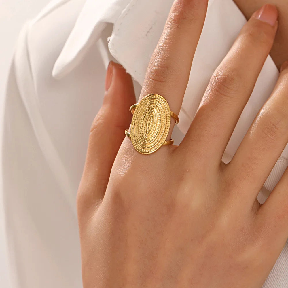 Nabest Tarnish Free Geometric Jewelry Gold Plated Rings Women Stainless Steel Resizable Oval Charm Opener Rings