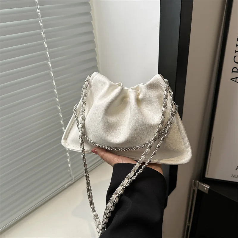 Simple Chain Women's Retro Shoulder Bag Solid Colour Female Simple Crossbody Bags Soft PU Leather Ladies Tote Purse Handbags