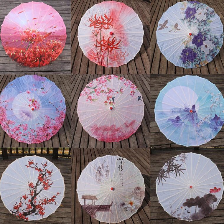 Guan Sen 32" Inch Dia Black Floral Pattern Wood Bamboo Nylon Parasol Umbrella