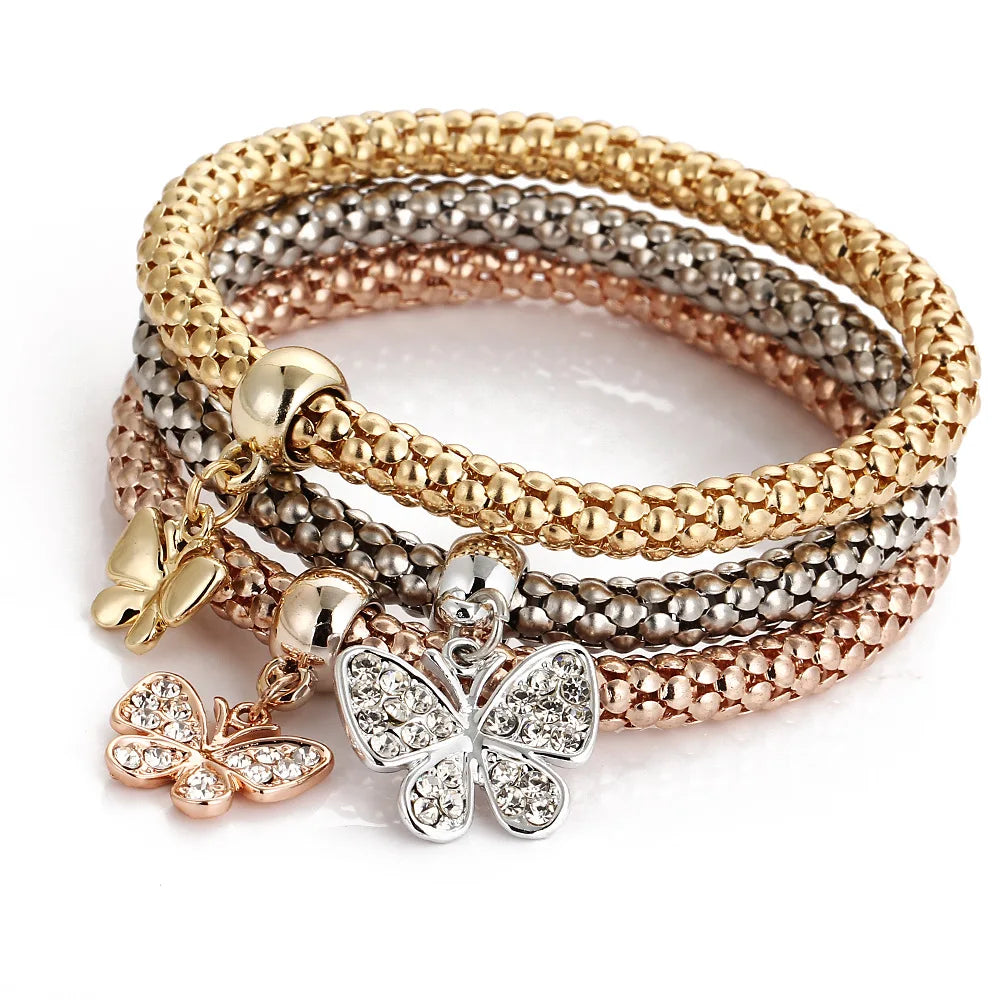 3 Colors Crystal Rhinestone Owl Charm Popcorn Chain Bracelet Elastic Butterfly Corn Chain Bracelet Crystal Bracelets Bangles