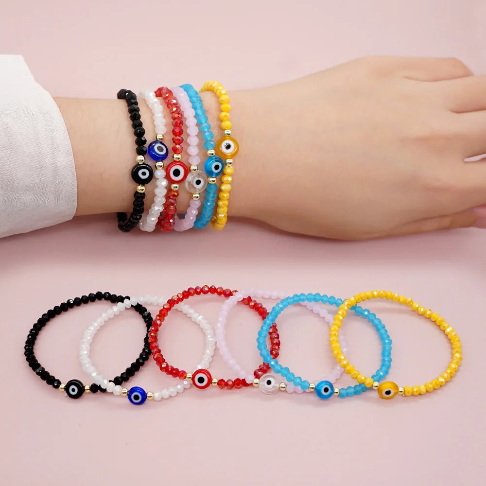 Jingcan Crystal Handmade Women Crystal Glass Beaded Bracelet Elastic Evil Eye Bead Bracelet