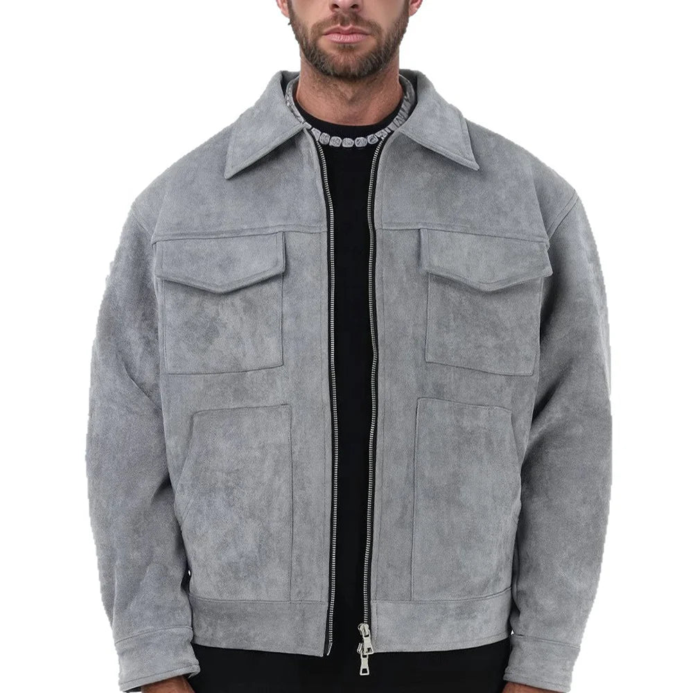 Suede Padded Jacket Men Women High Street Instagram Style Thickened Zip-Up Coat with Large Pockets Unisex Trendy Outerwear