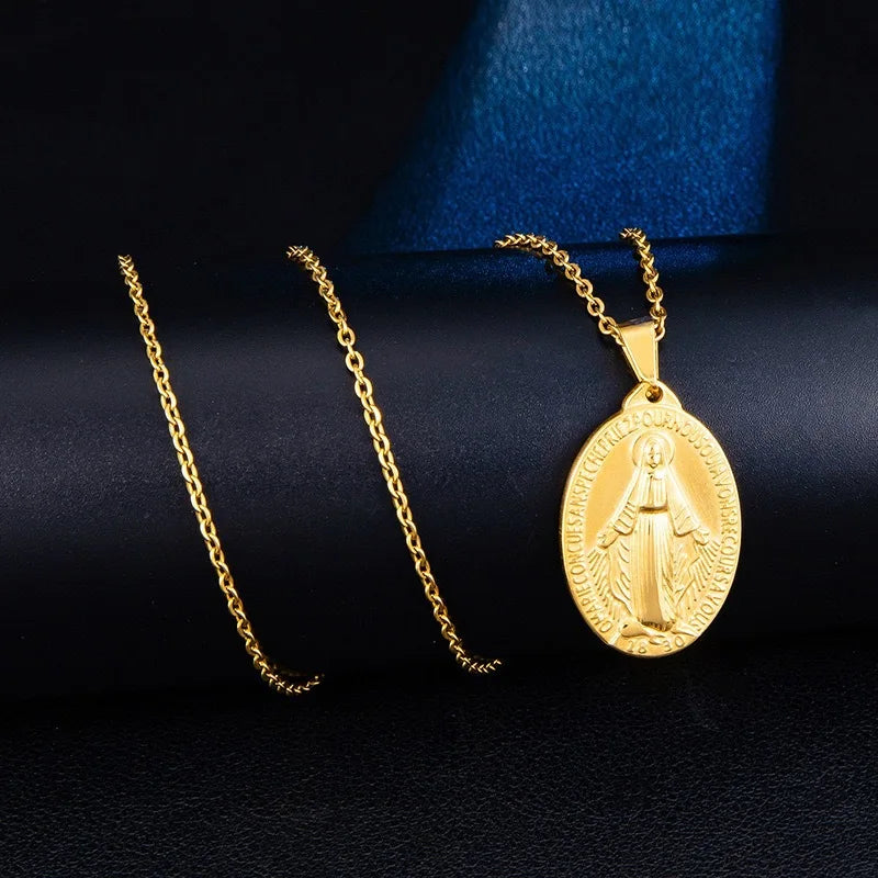 Religion Christian Jewelry Virgin Mary Statues Pendant Stainless Steel Cast Portrait Necklace