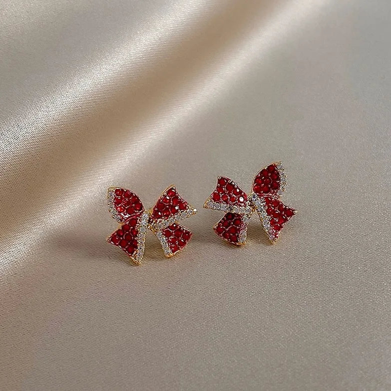 Kolczyki Christmas Red Zircon Crystal Bow Stud Earrings Bowknot Aetes Rojos  NEW YEAR JEWELRY Christmas Crystal Bow Earring