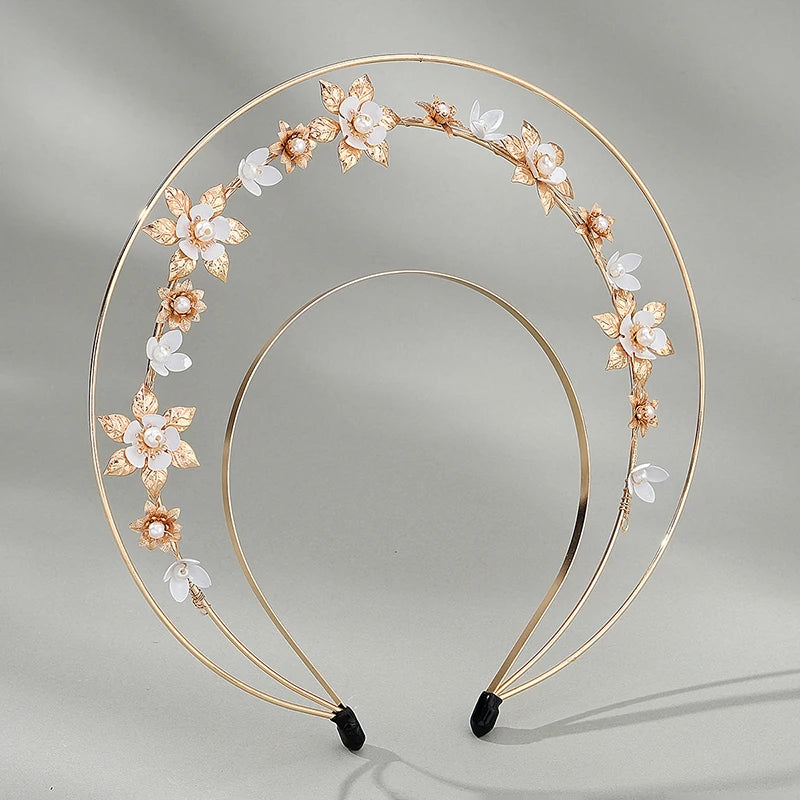 Mary Halo Crown Headpiece Gold Flowers Pearls Goddess Headband Festival Flower Handmade Leaves Hair Accessories for Wo