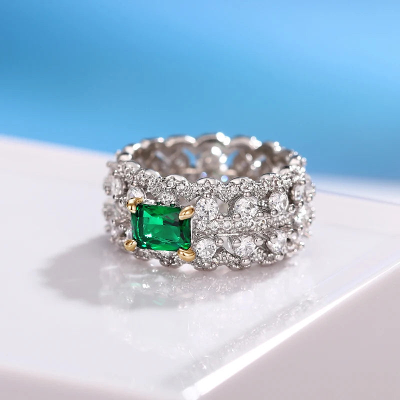 CAOSHI 6 7 8 9 10 Imitated Rhodium Plated Ring Luxury Inlaid Rectangle Green Cubic Zircon Bands Women Finger Rings