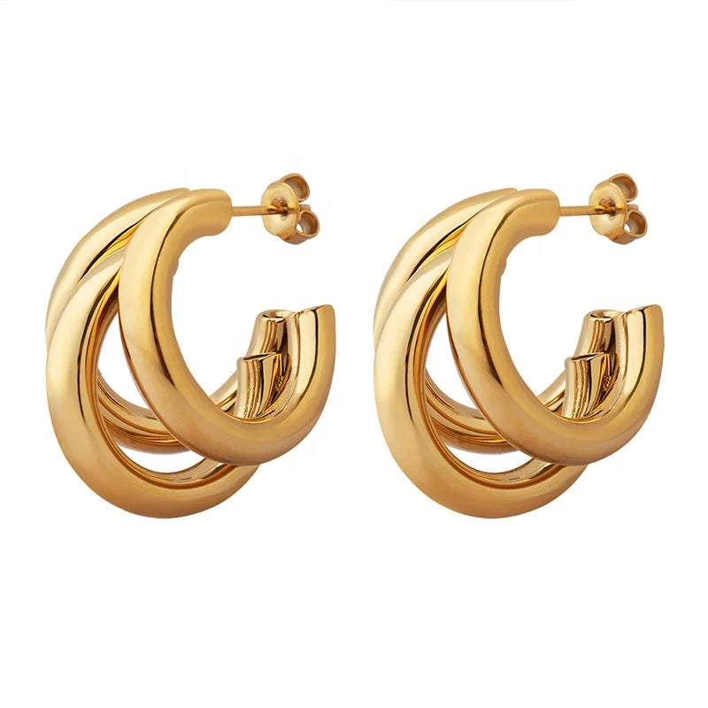 18K Gold Plated Stainless Steel Classic Layered Chunky Hoop Earrings for Women-Engagement Wedding & Party Gift