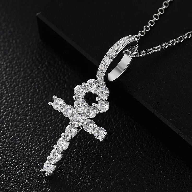 Wholesale Shining Gemstone Jewelry 925 Sterling Silver VVS Moissanite Diamond Ankh Cross Pendant Necklace