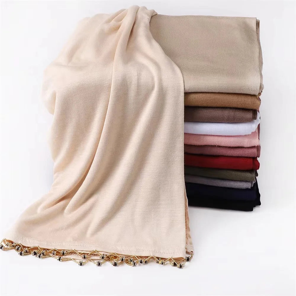 Zifeng OEM Jersey Turban Wrap New Muslim Plain Stretch Shawl Hanging Pearl Women's Jersey Hijab