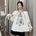 Embroidered Round Neck Cotton and Linen Shirt Women's Loose and Slimming Doll Shirt for Spring and Autumn