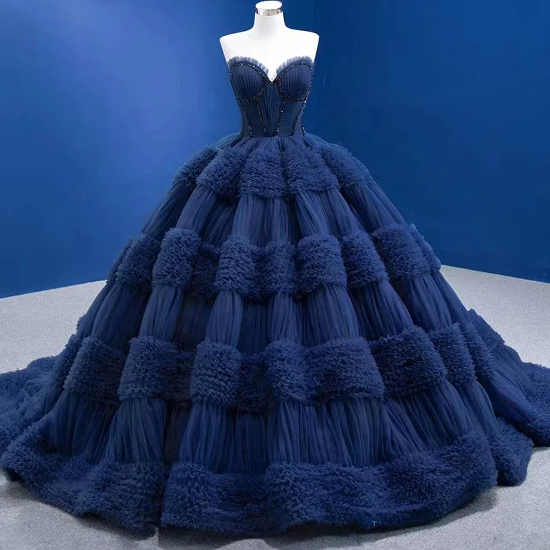 Jancember RSM67372-1 Navy Ruffle Sweetheart Party Ball Gown Evening Prom Dresses