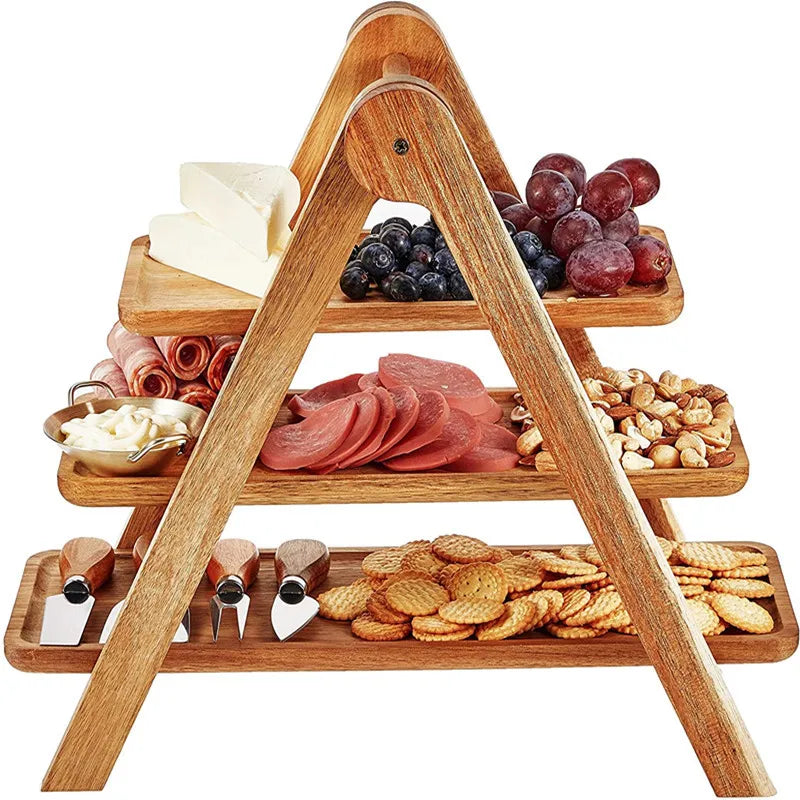 Acacia Wood Collapsible Party Serving Brown Decorative Tray Serving Platter Wooden Farmhouse Tiered Tray 3 Tier Tray