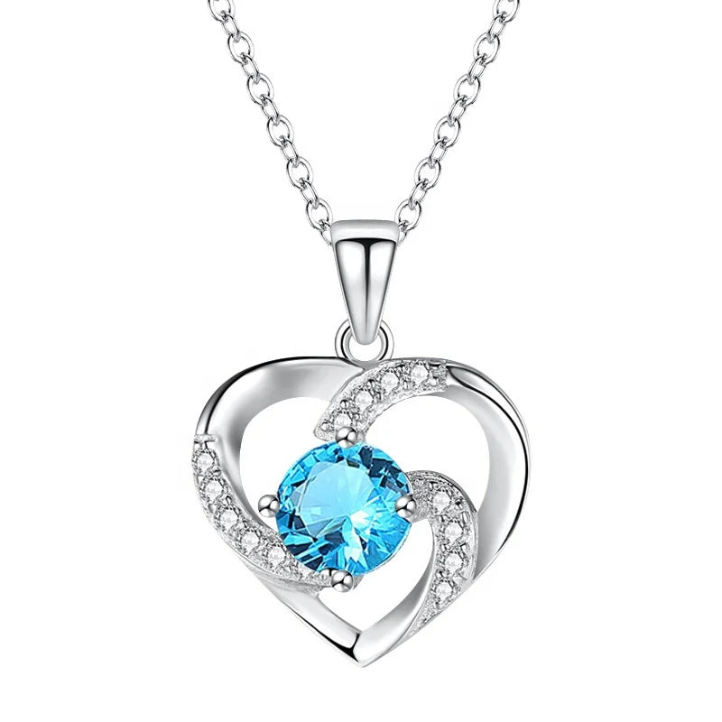 Customize 925 Sterling Silver Rhodium Jewelry White and Blue Topaz Heart Necklace