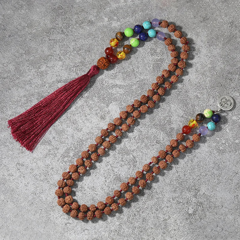 8 mm Gemstone Chakra Necklaces Healing Crystal Long Tassel Knotted Bodhi Rudraksha Japamala Beaded Necklaces for Women Girls