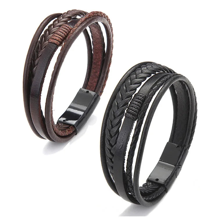 Alloy Magnetic Buckle Cowhide Rope Braided Men's Leather Bracelet