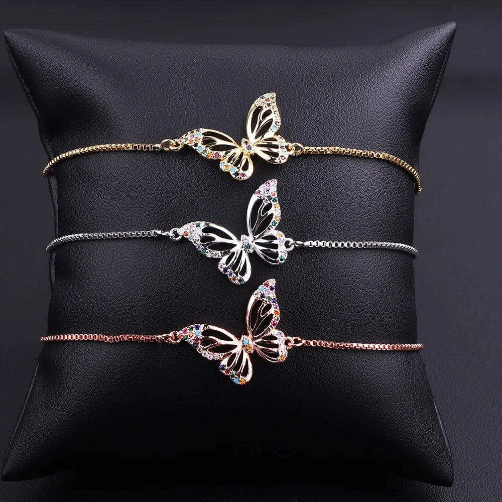 New Arrived Fashion Jewelry Micro Cubic Zirconia 18 Gold Plated Butterfly Charm Adjustable Chain Bracelet Women