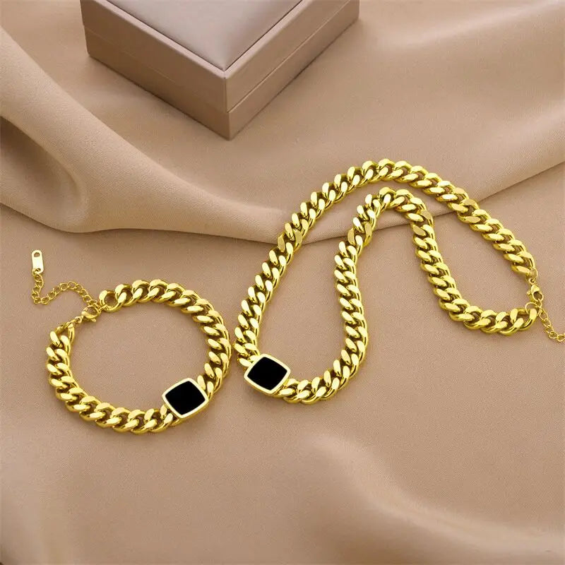 European and American Trendy Hip-hop Minimalist Personality Charm Stainless Steel Thick Chain Black square Necklace Bracelet