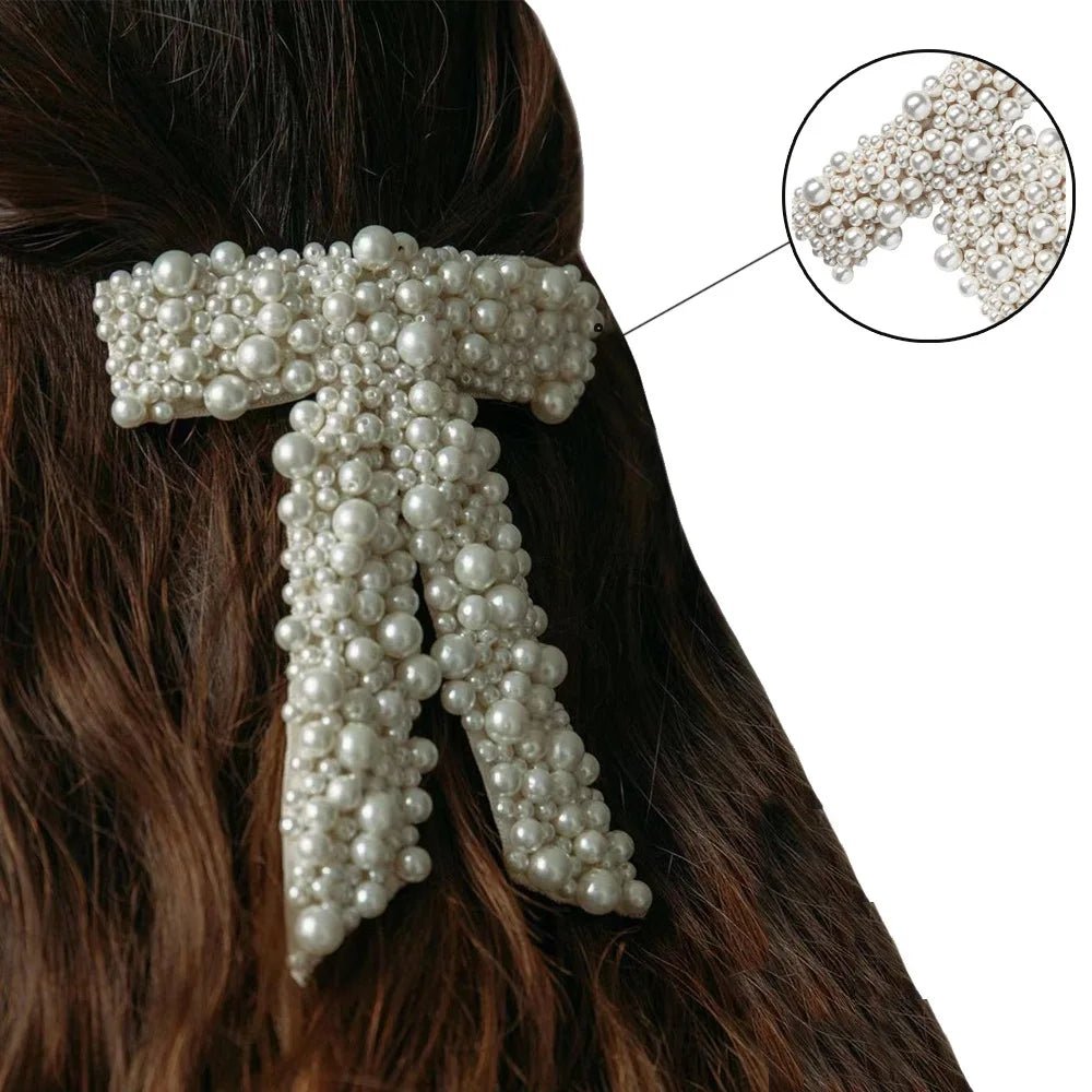 Vintage Pearl Alloy Korean Sweet Style Hair Clip with Spring Clip and Stylish Bow Hair Accessories