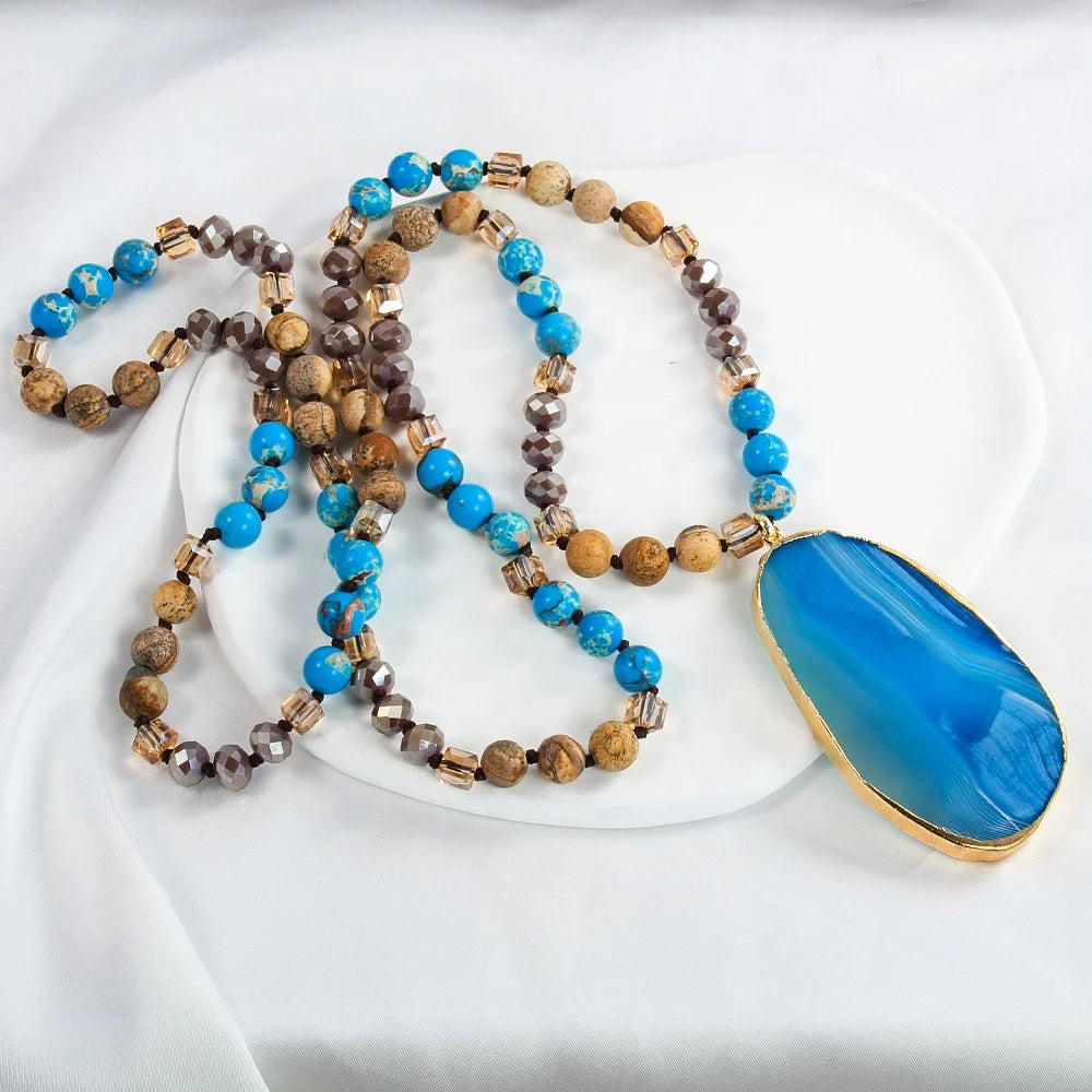 New Fashion Bohemian Western Women's Jewelry 8mm Emperor Stone Knot Necklace Long Oval Stone Pendant Necklace Sweater Chain