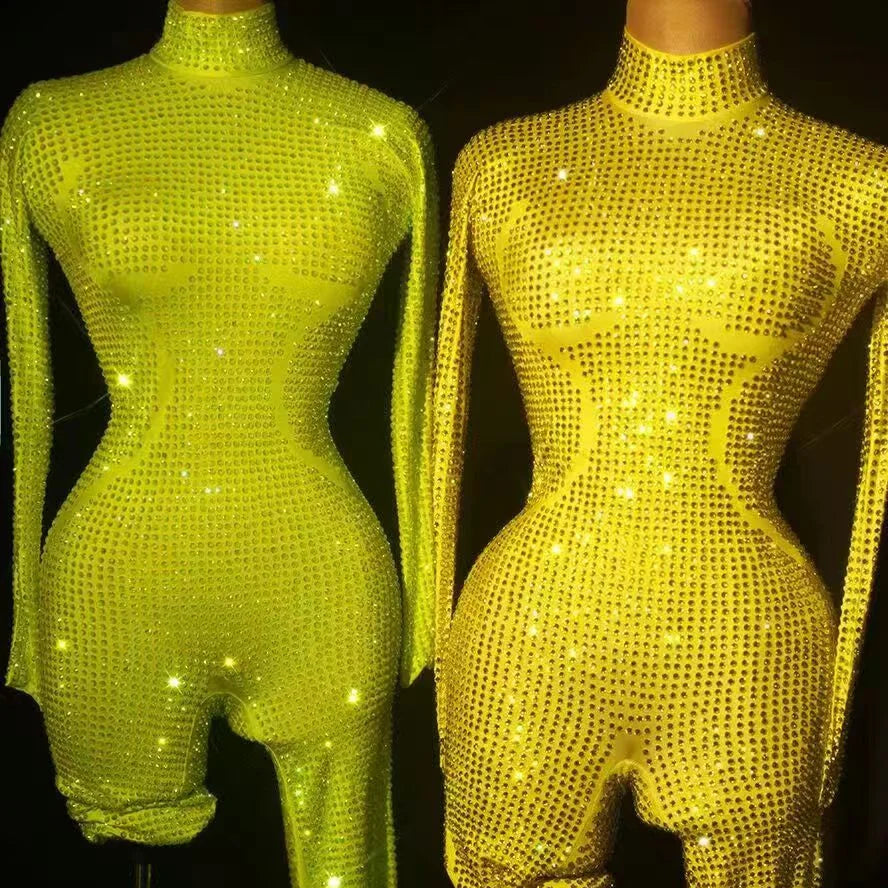 Fashion Long Sleeves Rhinestone One Piece Bodysuit Lady Drag Show Romper Gogo Dancer Costumes Women Club Party Bodycon Jumpsuits