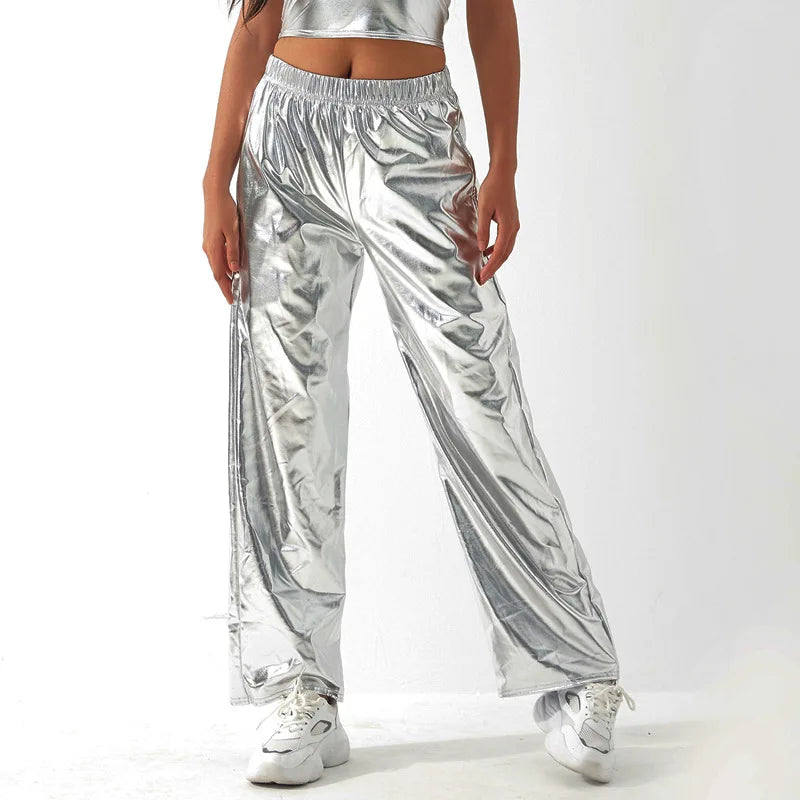 King Mcgreen Star Hot Sale Women Metallic Shiny Loose Pants Casual Hip Hop Jogger Sweatpants Streetwear Dance Trousers
