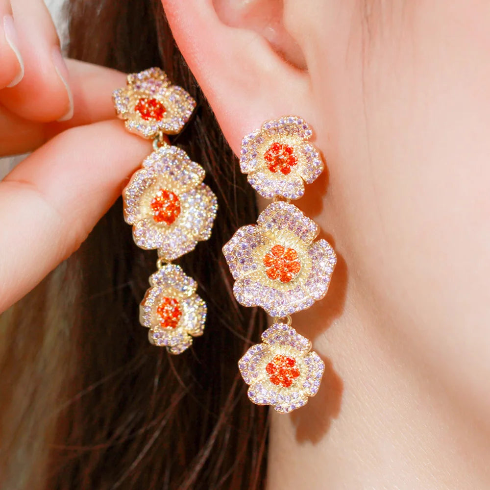 18k Gold Plated Cubic Zircon Women Beautiful Red Rose Petal Flowers Shaped Long Dangling Drop Earrings for Female Dating Party