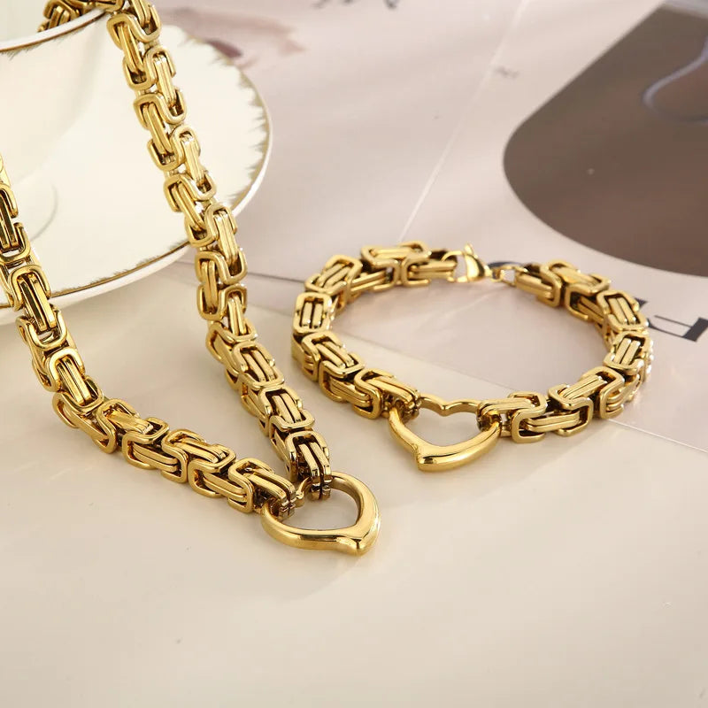 Hot Sale Personality Jewelry Set Stainless Steel Gold Byzantine Chain Necklace Bracelet Set for Men and Women