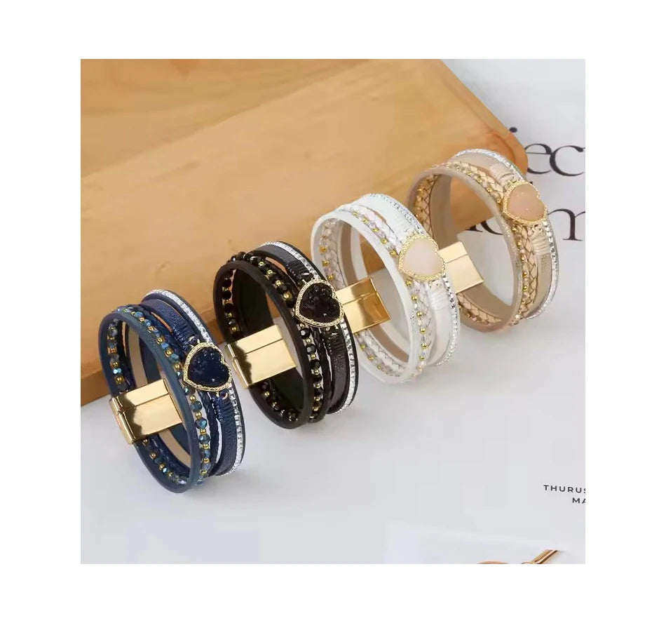 Wholesale Heart Shape Rhinestone Woven Leather Bracelets Magnetic Clasp Multi-Layer Leather Bracelet for Women