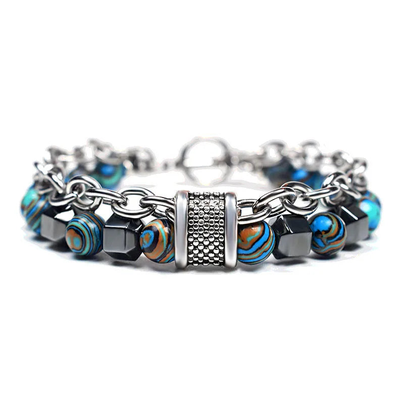 Malachite Stone Hematite Stainless Steel Chain OT Knot Men Bracelet ST249
