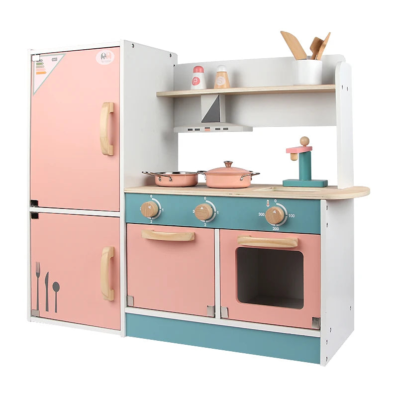 Hot Sale Pink Montessori Wooden Kitchen Sets Early Educational Refrigerator Stove for Kids Boys and Girls