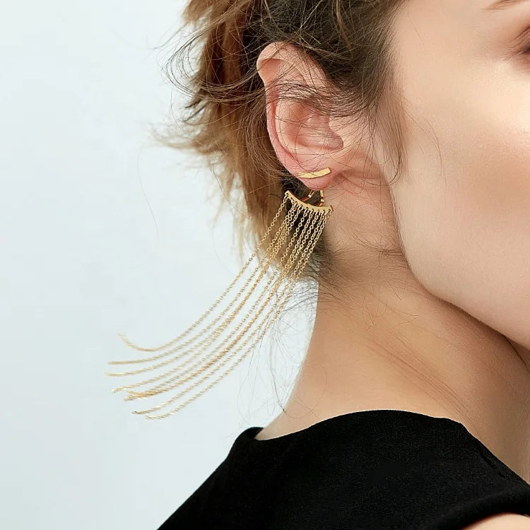 Fashion Daily Wear Fine Jewelry 18K Gold Plated Stainless Steel Long Tassels Dangle Drop Earrings E5300