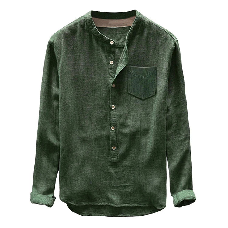 Fashion Cotton Linen Mens Shirts Spring Button Solid Color Shirts Men Casual Stand Collar Long Sleeve Men Shirts