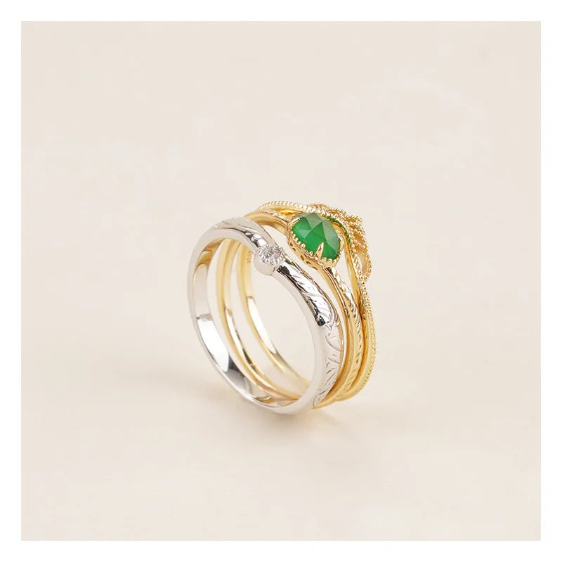 925 Sterling Silver 14K Gold Plated Gemstones Christmas Vintage Leaf Carving Natural Green Chalcedony Ring