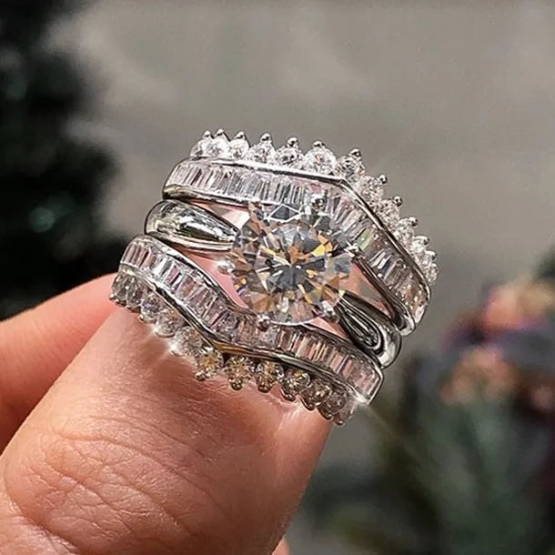 Huitan Wholesale Fashion 3Pcs Sets Rings Women Modern Design Sparkling Cubic Zircon Luxury Jewelry Silver Plated Finger CZ Rings