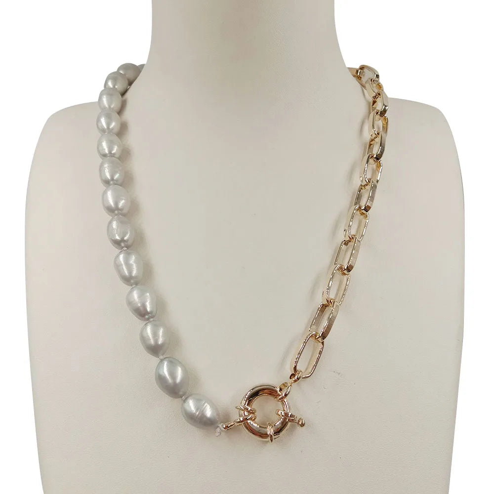 TOP FASHION REAL Freshwater PEARL NECKLACE for WOMENgray Pearlbig Brass Chain With Real Gold Plating KNOTTED