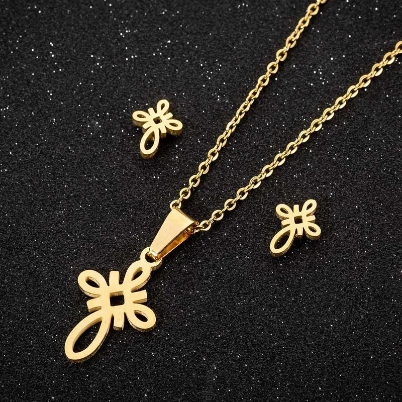Wholesale 18K Gold Silver Plated Chinese Knot Women Stainless Steel Earring Necklace Jewelry Set