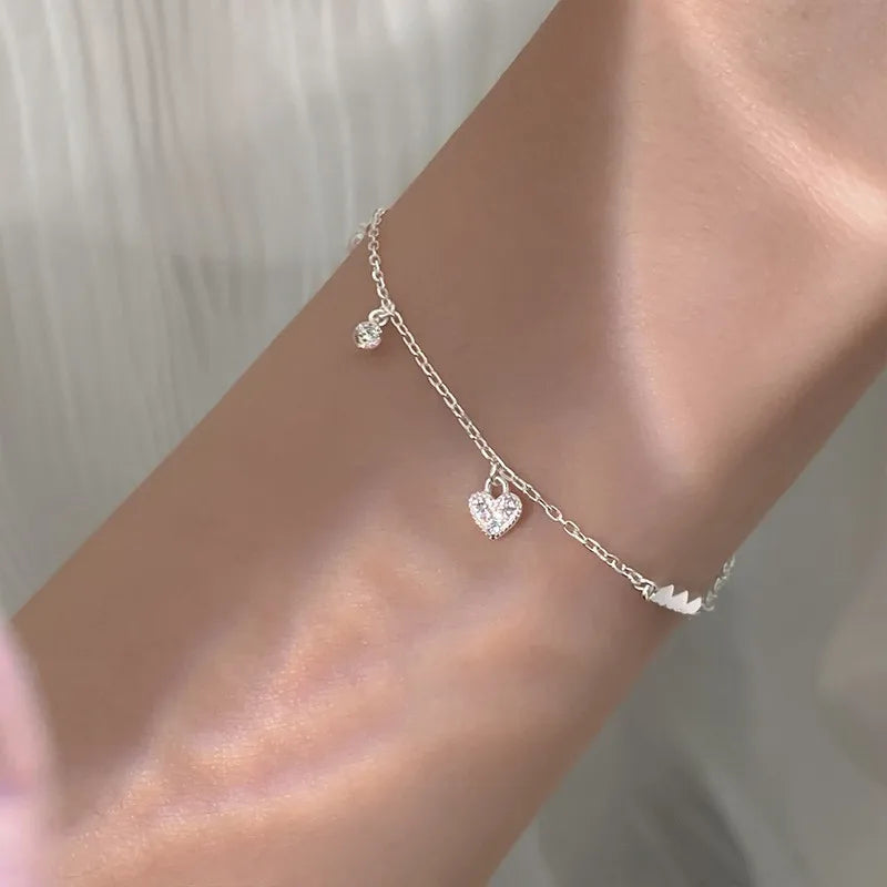 Korea INS Fashion Trendy Pure 925 Sterling Silver Crystal Zircon Heart Bracelet for Women Girls' Party Wedding Jewelry Gift