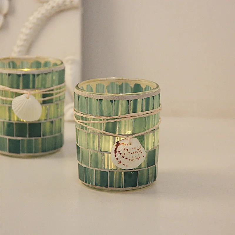 Hot Selling New Mediterranean Green Glass Candle Jar Creative Shell Mosaic Candle Jar Candle Holder Decoration