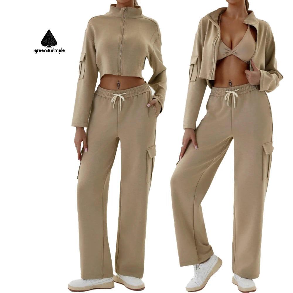 Green Dimple Women's 2 Pcs Tracksuit Leisure Long Sleeve Zip up Jacket Long Pants Outfits Cargo Jogger Sweatsuit Sets