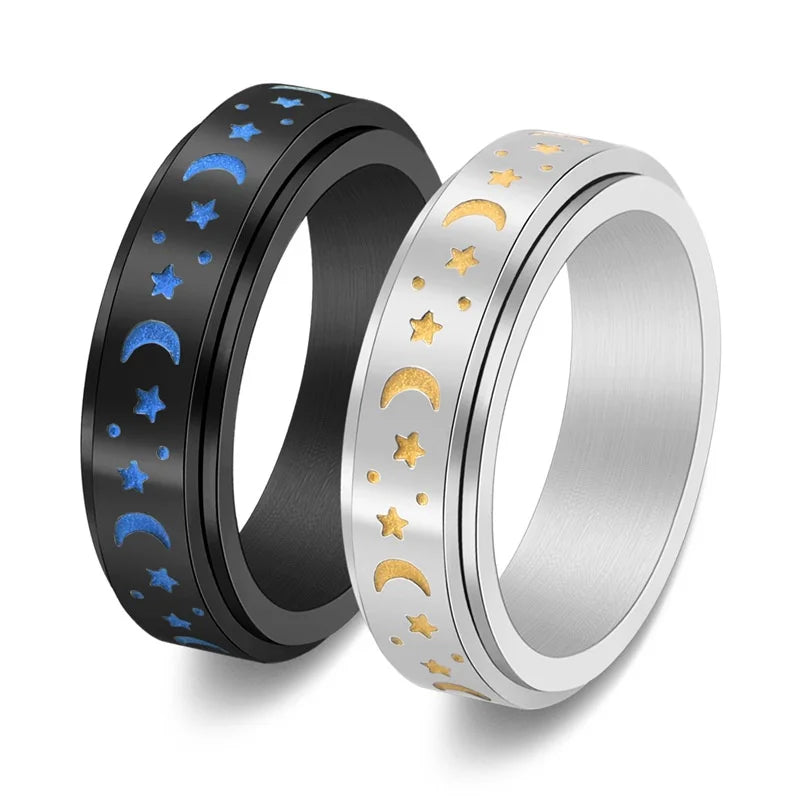 6cm Good Night Stars Moon Enamel Luminous Spinner Ring Stainless Steel Fidget Rotating Fun Toy Jewelry for Anxiety