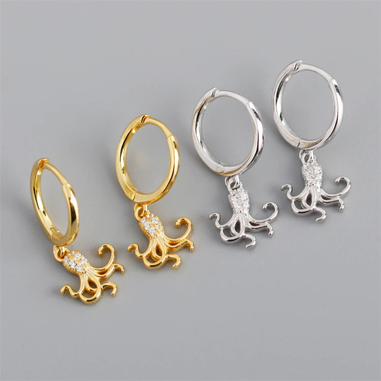 Exquisite 18k Gold 925 Sterling Silver Fashion Octopus Zircon Hoop Earrings for Women