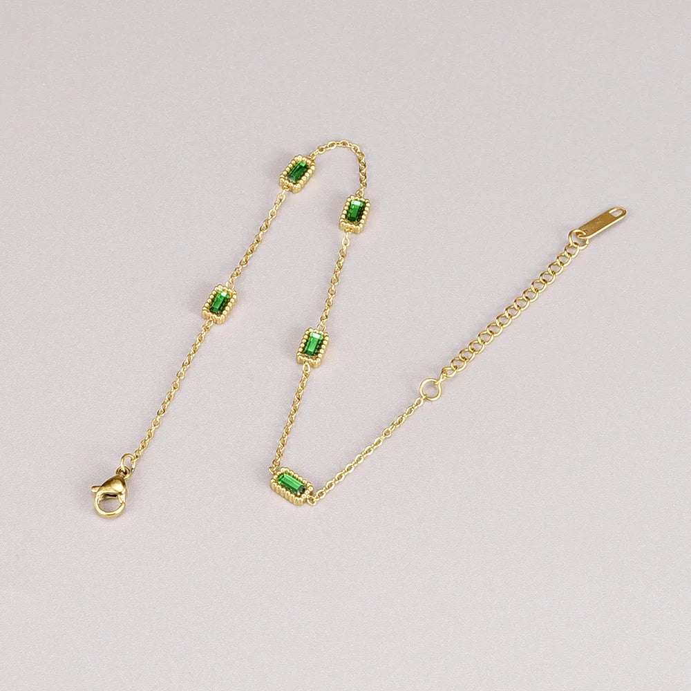 Ladies Fashion Boho Stainless Steel 18k Gold Plated Green Zircon Charm Chain Chic Adjustable Bracelet Jewelry for Women