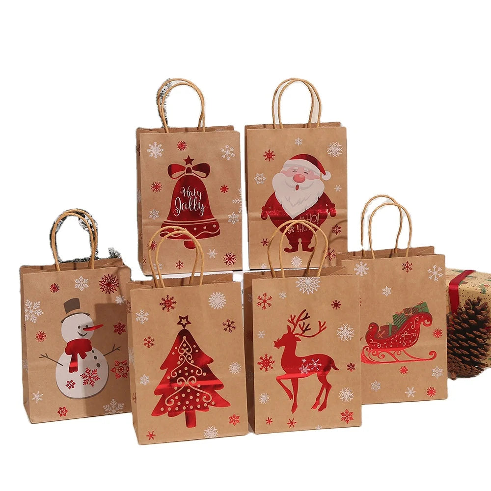 Christmas Tree Snowman Senta Brown Kraft Paper Shopping Package Handle Bag for Gift