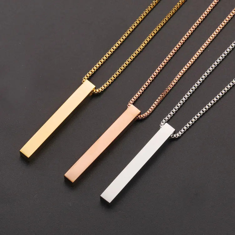 SC Custom Engraved Logo Name Necklace Couple Necklace High Polished Minimalist Stainless Steel Cuboid Thin Bar Pendant Necklace