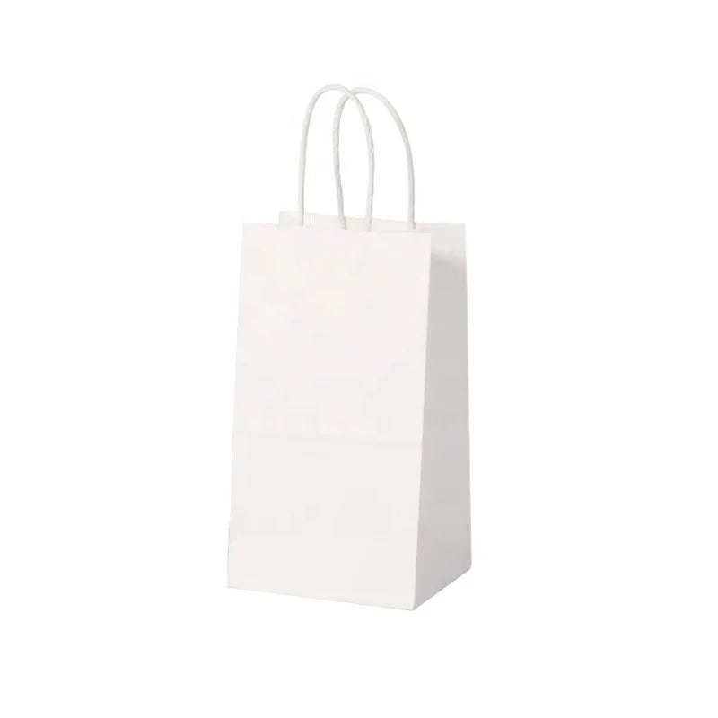 Custom Printed Logo Biodegradable Kraft Paper Bags Disposable White 4.72*3.94*8.66in Handle Shopping Bags for Clothing & Gifts