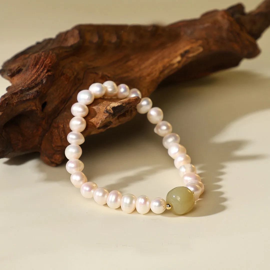 French Retro Style Freshwater Pearl Beads Bracelet Delicate Hetian Jade Bracelet for Women Party Jewelry