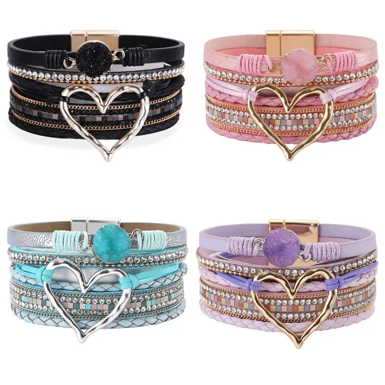 2023 New Magnetic Clasp Raw Crystal Big Heart Bracelet Women Bohemian 16 Colors Multilayer Wide Leather Wrap Bracelets Bangles