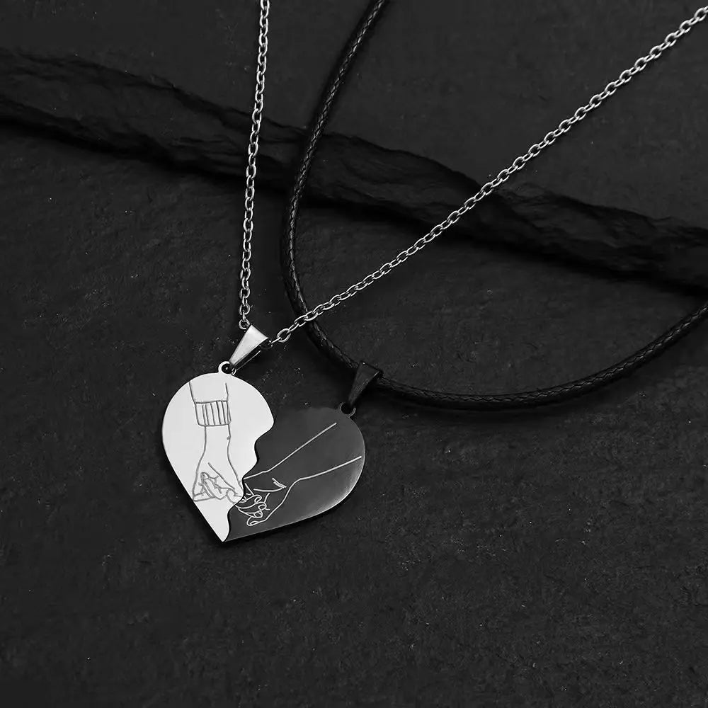 Fashion Stainless Steel Necklace 2 Pcs/Set Fingerprint Half Heart Love Chain Pendant Necklace for Lover Couples
