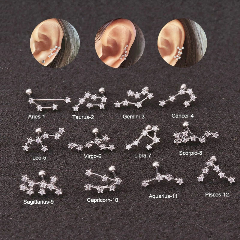 3 Color Available Symbol Sign 12 Zodiac Cartilage Stud Earrings for Women
